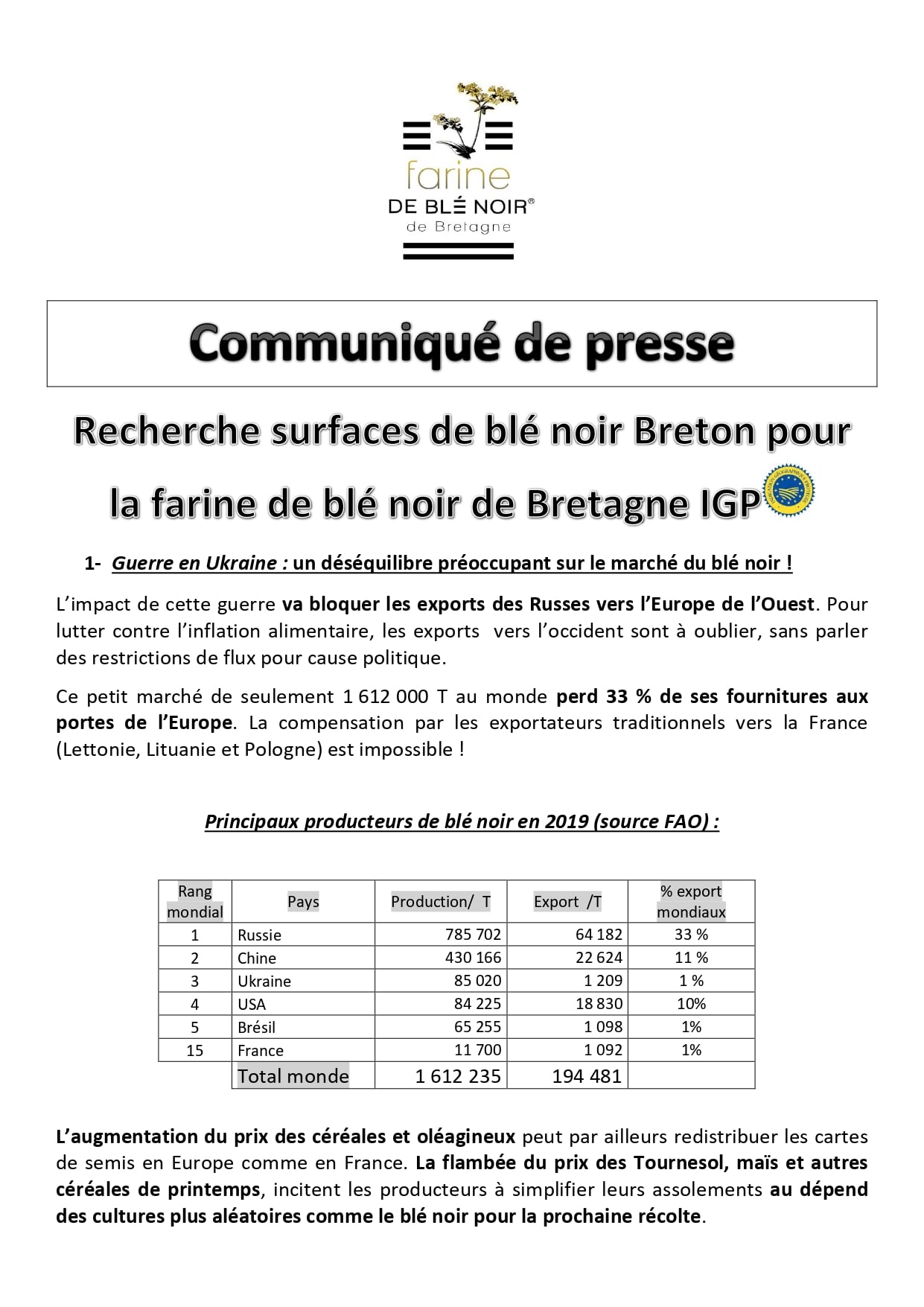La farine de bl&eacute; noir de Bretagne sous IGP manque de terre
